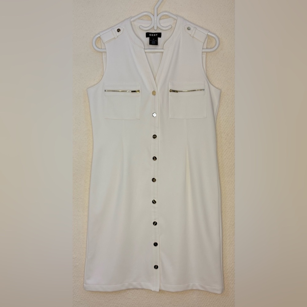 DKNY Sleeveless Sheath Midi Dress Size 10. White with Gold Accents & Fully Lined